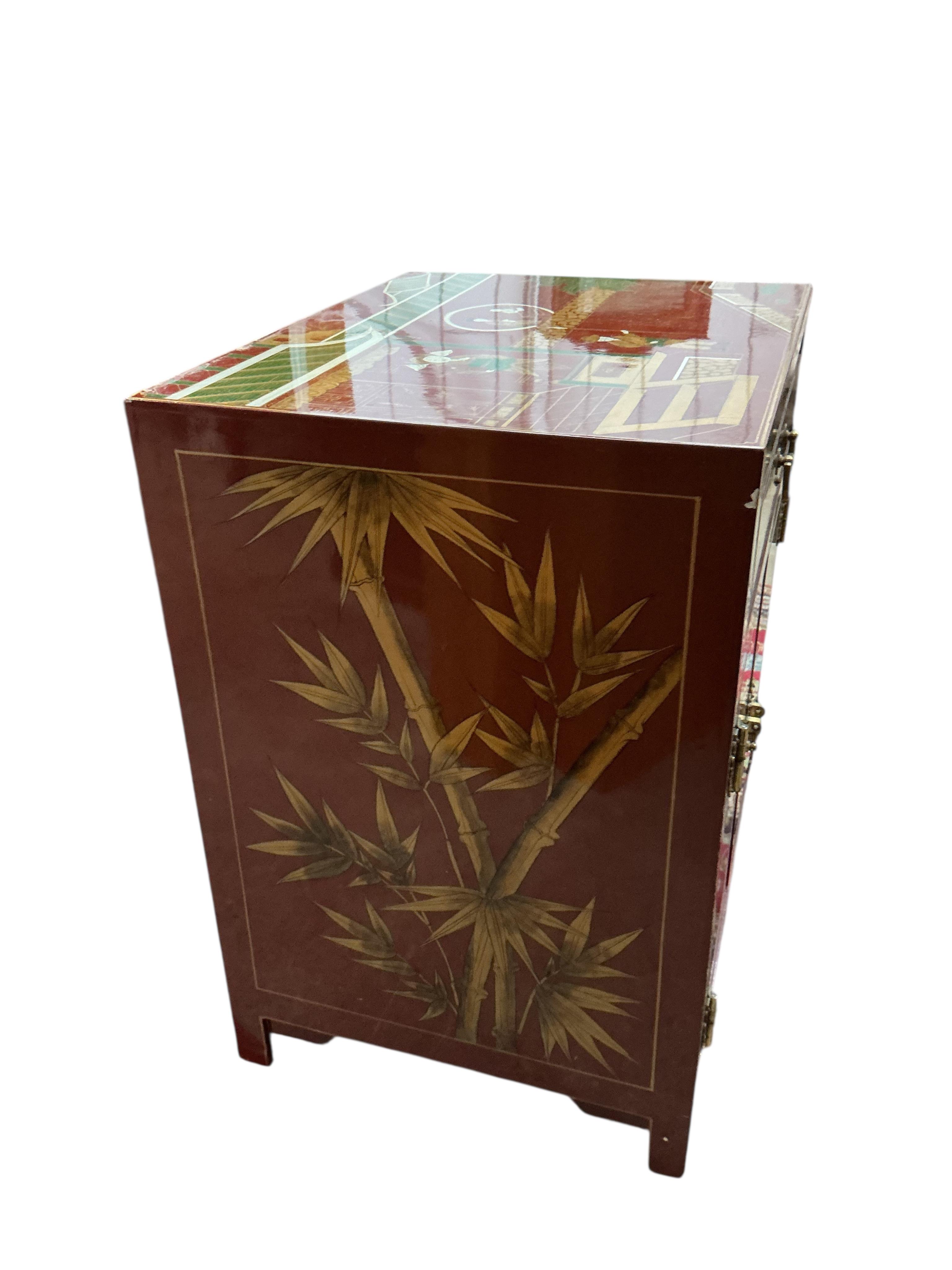 A pair of Chinese scarlet lacquer bedside chests, width 50cm, depth 40cm, height 61cm